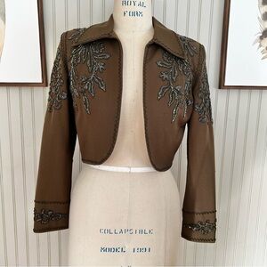Lulu Bravo 90’s Vintage Beaded Brown Wool Crop Bolero Jacket Chocolate